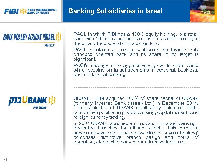 Banking Subsidiaries in Israel PAGI, in which FIBI has a 100% equity holding, is