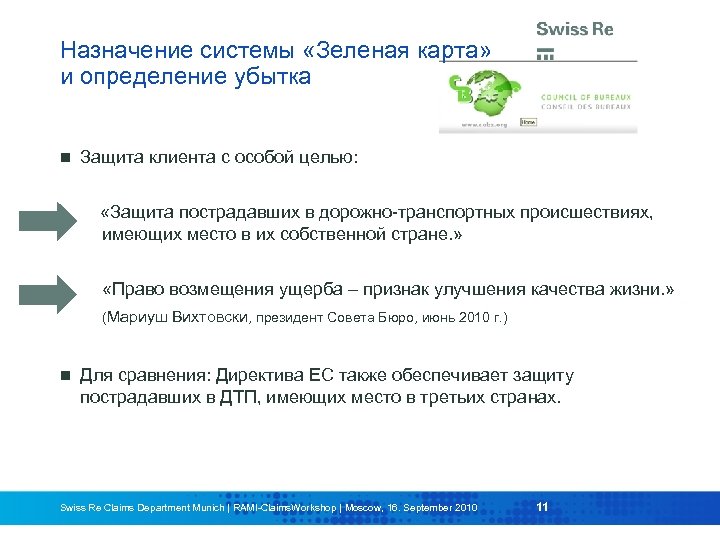 Назначение системы «Зеленая карта» и определение убытка Защита клиента с особой целью: «Защита пострадавших