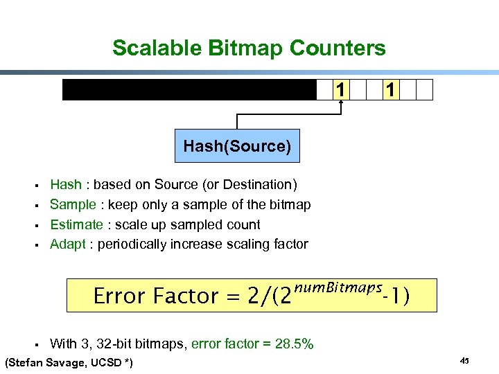 Scalable Bitmap Counters 1 1 Hash(Source) § § Hash : based on Source (or