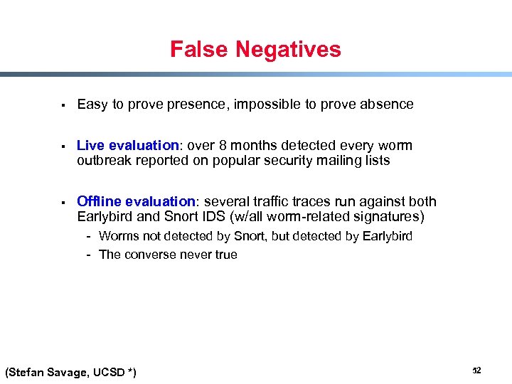 False Negatives § Easy to prove presence, impossible to prove absence § Live evaluation: