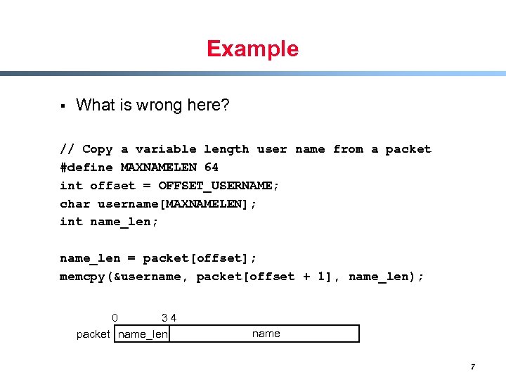 Example § What is wrong here? // Copy a variable length user name from