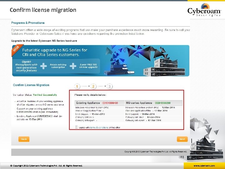 Confirm license migration © Copyright 2013 Cyberoam Technologies Pvt. Ltd. All Rights Reserved. www.