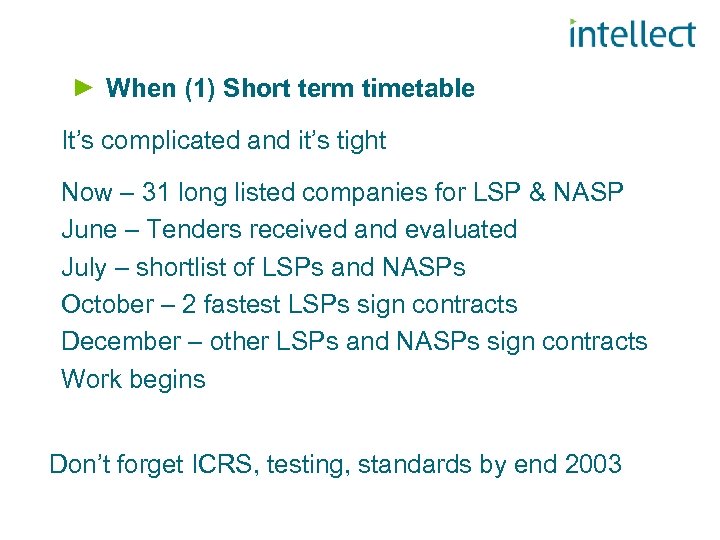 When (1) Short term timetable It’s complicated and it’s tight Now – 31 long