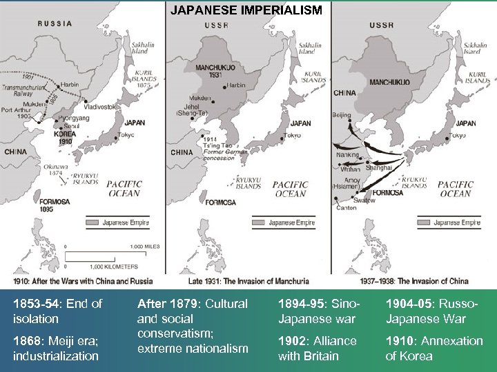 JAPANESE IMPERIALISM 1853 -54: End of isolation 1868: Meiji era; industrialization After 1879: Cultural