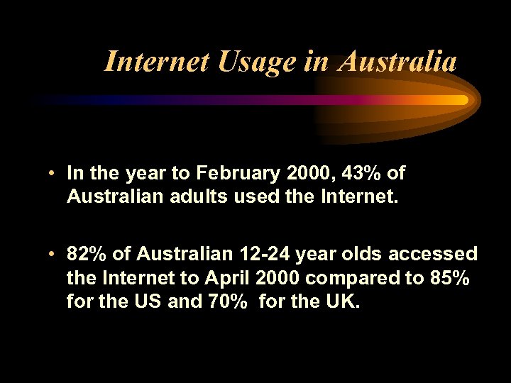 Internet Usage in Australia • In the year to February 2000, 43% of Australian