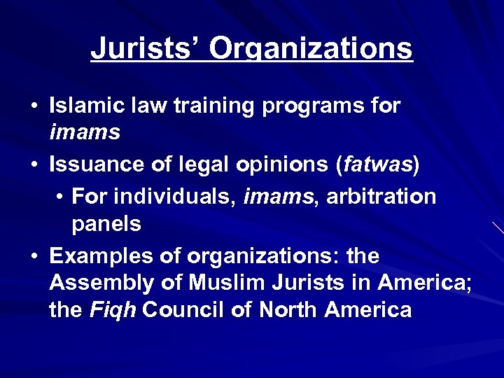 Jurists’ Organizations • Islamic law training programs for imams • Issuance of legal opinions
