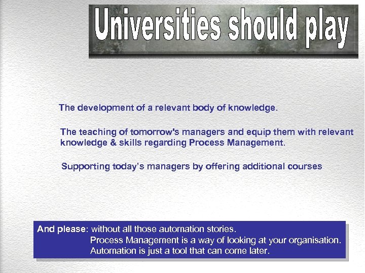 The development of a relevant body of knowledge. The teaching of tomorrow's managers and