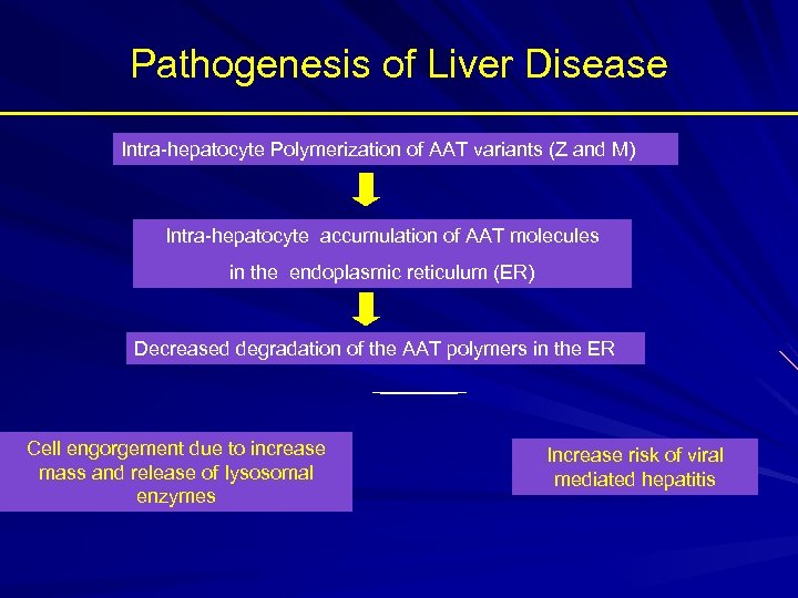 Pathogenesis of Liver Disease Intra-hepatocyte Polymerization of AAT variants (Z and M) Intra-hepatocyte accumulation