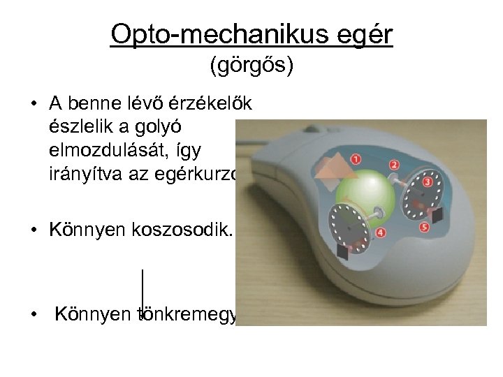 Opto-mechanikus egér (görgős) • A benne lévő érzékelők észlelik a golyó elmozdulását, így irányítva