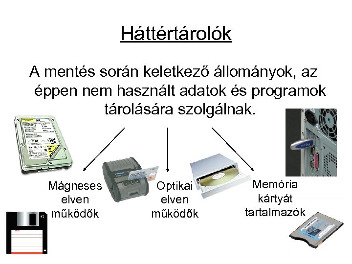 Háttértárolók A mentés során keletkező állományok, az éppen nem használt adatok és programok tárolására