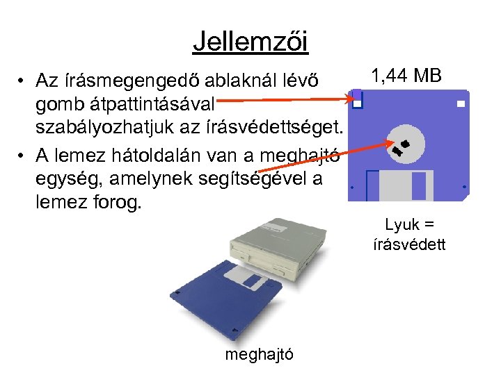 Jellemzői • Az írásmegengedő ablaknál lévő gomb átpattintásával szabályozhatjuk az írásvédettséget. • A lemez