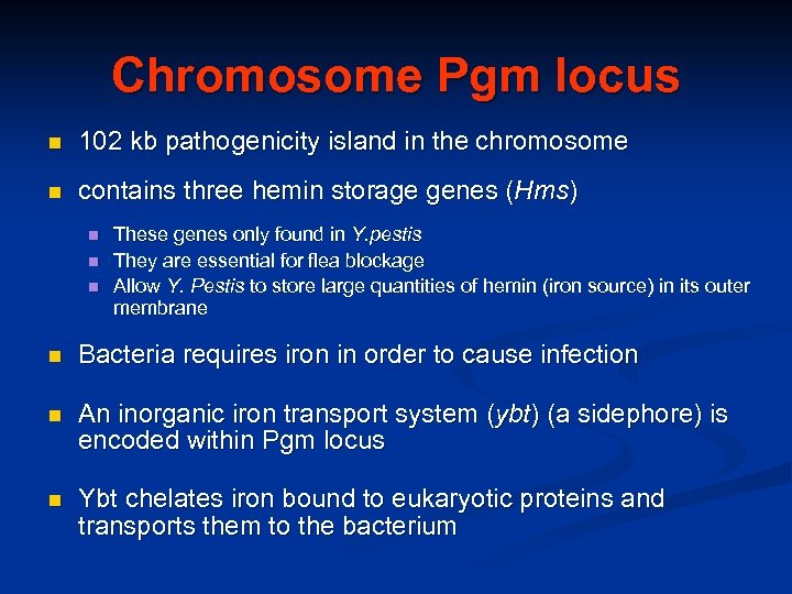 Chromosome Pgm locus n 102 kb pathogenicity island in the chromosome n contains three