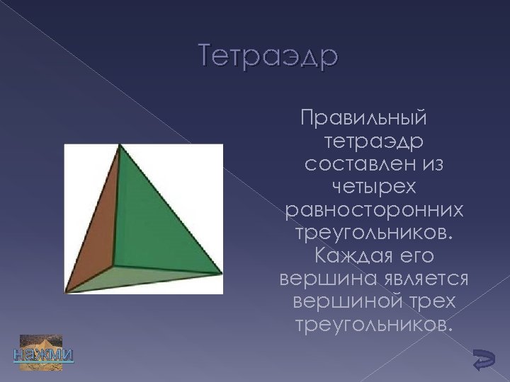 Тетраэдр Правильный тетраэдр составлен из четырех равносторонних треугольников. Каждая его вершина является вершиной трех