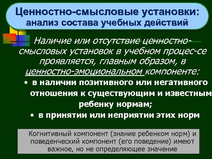 Ценностно-смысловые установки: анализ состава учебных действий Наличие или отсутствие ценностносмысловых установок в учебном процес-се