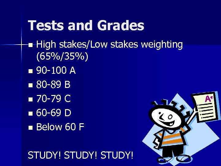 Tests and Grades High stakes/Low stakes weighting (65%/35%) n 90 -100 A n 80