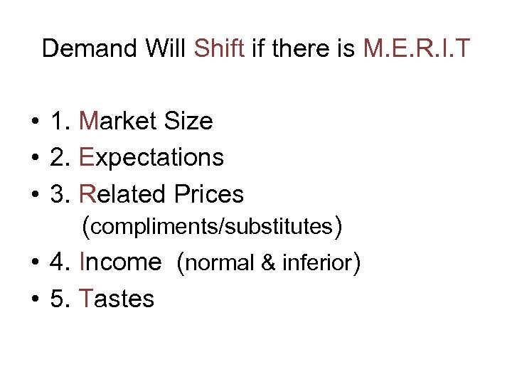 Demand Will Shift if there is M. E. R. I. T • 1. Market