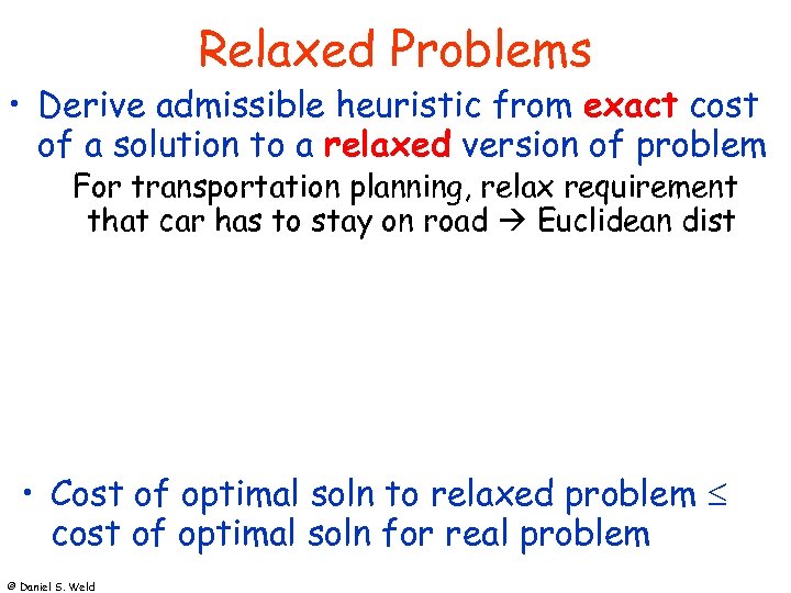 Relaxed Problems • Derive admissible heuristic from exact cost of a solution to a