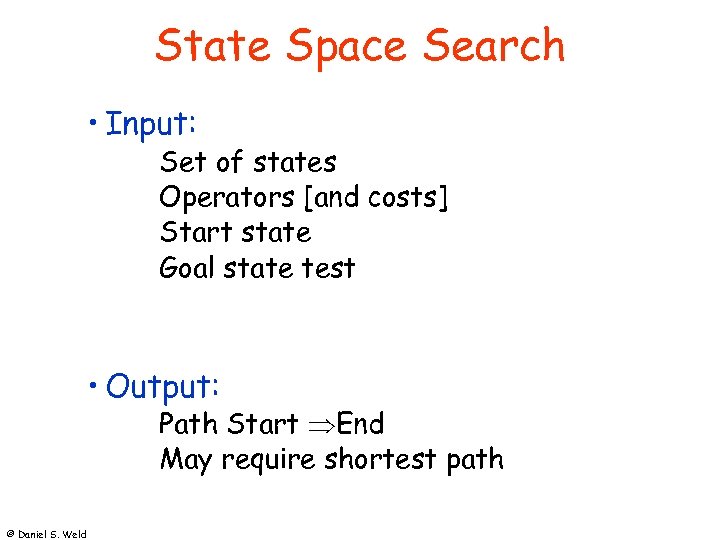 State Space Search • Input: Set of states Operators [and costs] Start state Goal