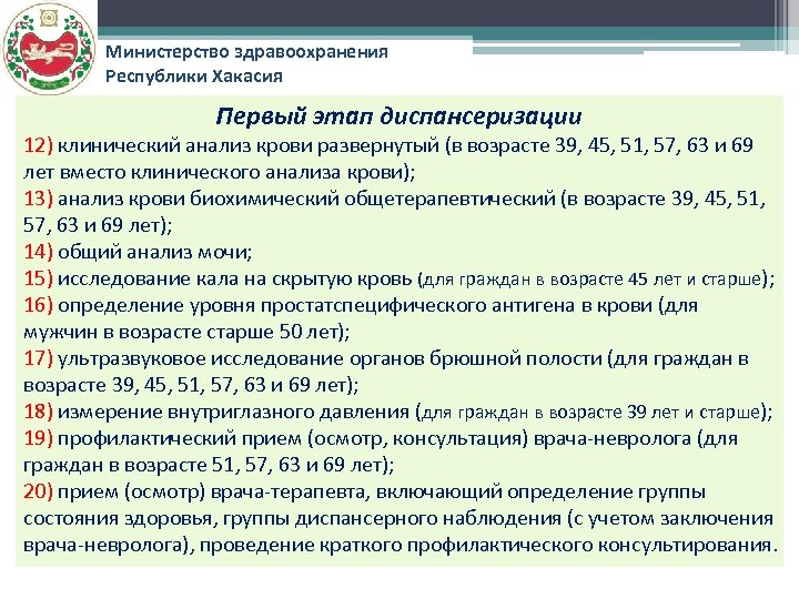 Министерство здравоохранения Республики Хакасия Первый этап диспансеризации 12) клинический анализ крови развернутый (в возрасте