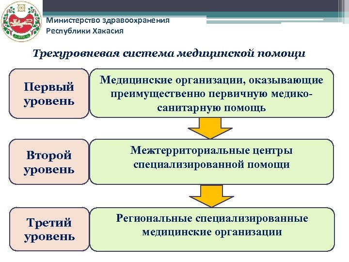 Министерство здравоохранения Республики Хакасия Трехуровневая система медицинской помощи Первый уровень Медицинские организации, оказывающие преимущественно