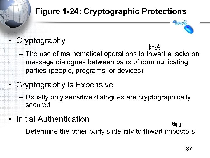 Figure 1 -24: Cryptographic Protections • Cryptography 阻撓 – The use of mathematical operations
