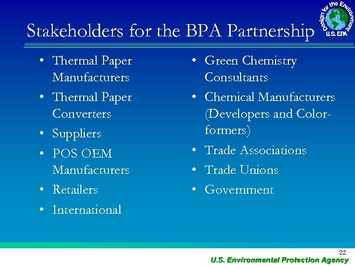 Stakeholders for the BPA Partnership • Thermal Paper Manufacturers • Thermal Paper Converters •