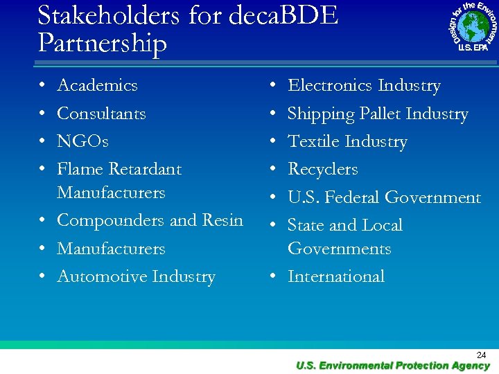 Stakeholders for deca. BDE Partnership • • Academics Consultants NGOs Flame Retardant Manufacturers •