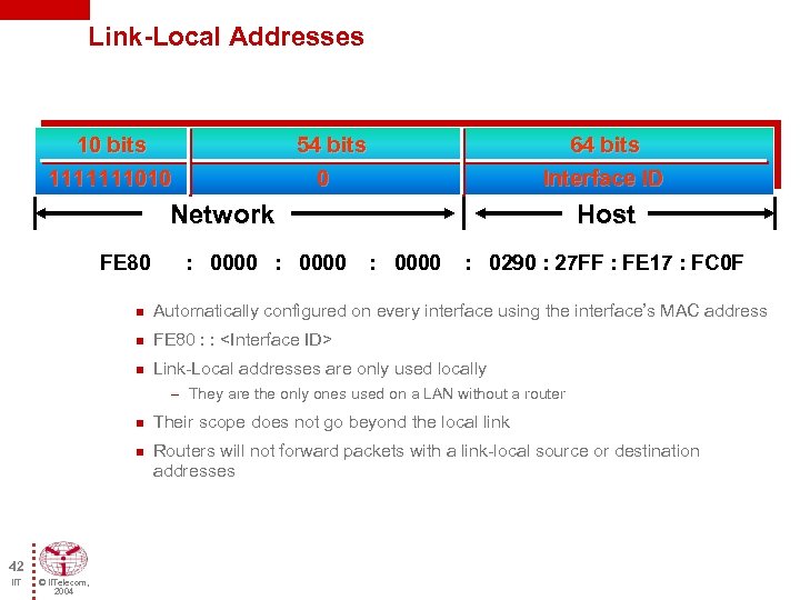 Link-Local Addresses 10 bits 1111111010 54 bits 0 64 bits Interface ID Network Host