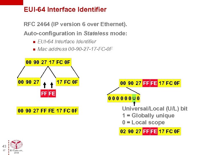 EUI-64 Interface Identifier RFC 2464 (IP version 6 over Ethernet). Auto-configuration in Stateless mode: