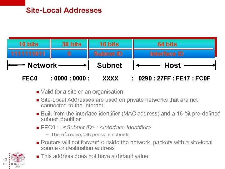 Site-Local Addresses 10 bits 1111111011 38 bits 0 Network 16 bits Subnet ID 64