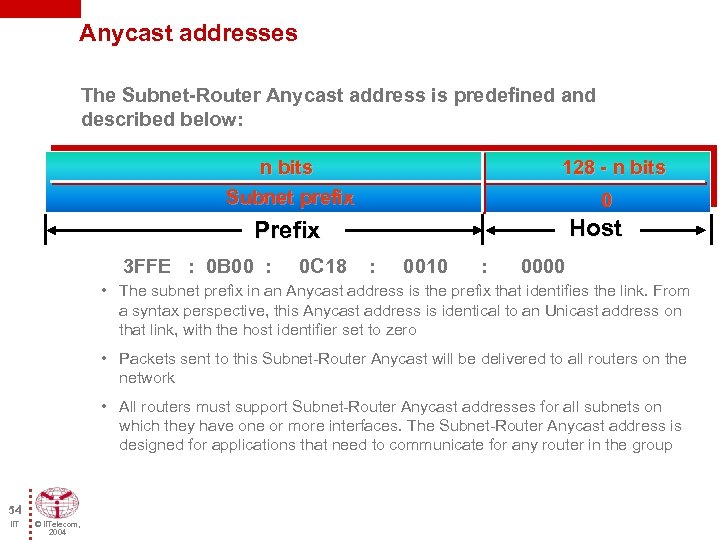 Anycast addresses The Subnet-Router Anycast address is predefined and described below: n bits Subnet