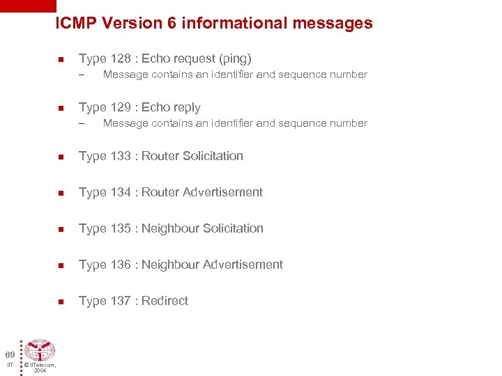ICMP Version 6 informational messages n Type 128 : Echo request (ping) – n