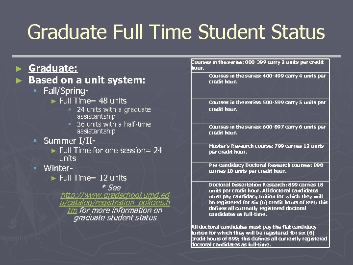 Graduate Full Time Student Status ► ► Graduate: Based on a unit system: Courses