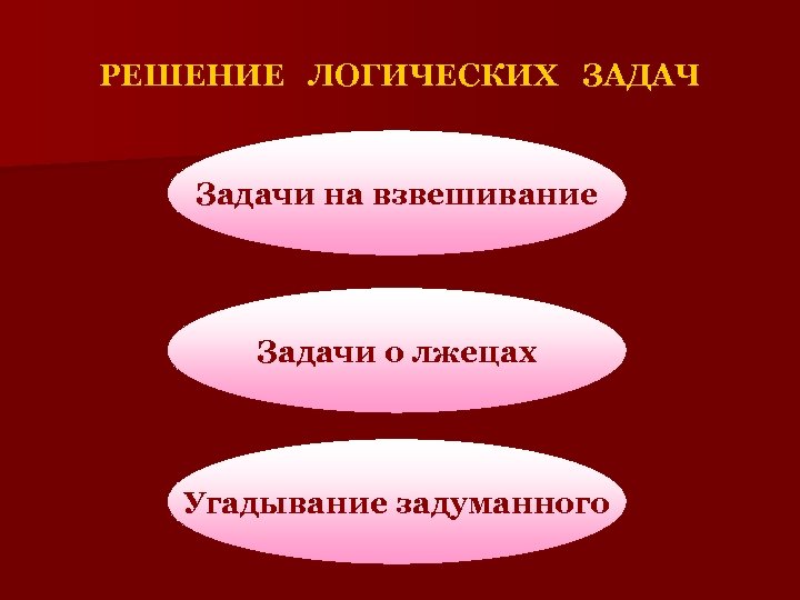 РЕШЕНИЕ ЛОГИЧЕСКИХ ЗАДАЧ Задачи на взвешивание Задачи о лжецах Угадывание задуманного 