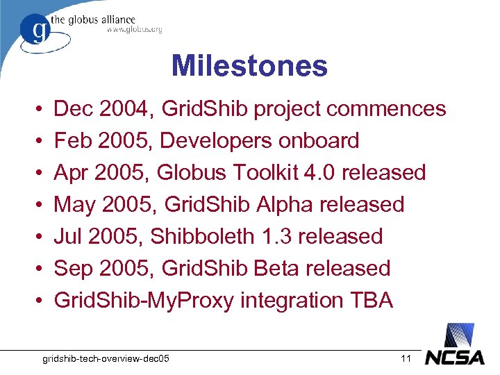 Milestones • • Dec 2004, Grid. Shib project commences Feb 2005, Developers onboard Apr