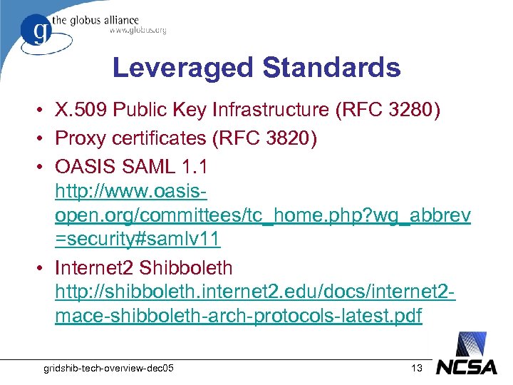 Leveraged Standards • X. 509 Public Key Infrastructure (RFC 3280) • Proxy certificates (RFC