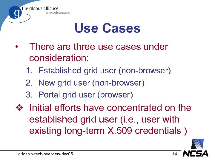 Use Cases • There are three use cases under consideration: 1. Established grid user