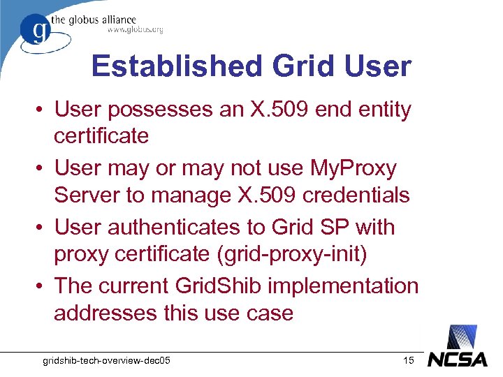 Established Grid User • User possesses an X. 509 end entity certificate • User