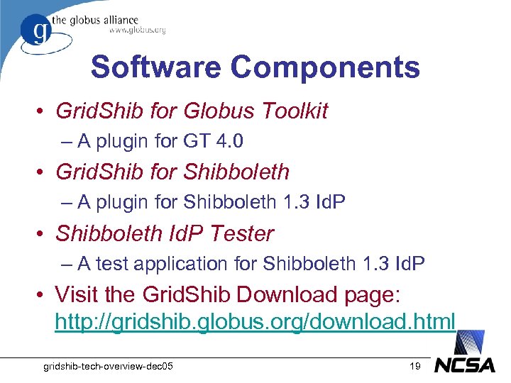 Software Components • Grid. Shib for Globus Toolkit – A plugin for GT 4.