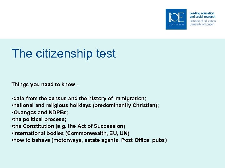 The citizenship test Things you need to know - • data from the census
