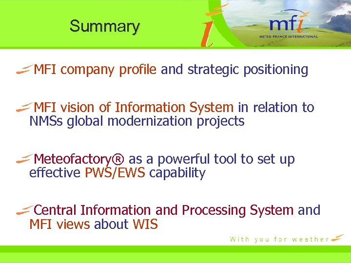 Summary MFI company profile and strategic positioning MFI vision of Information System in relation