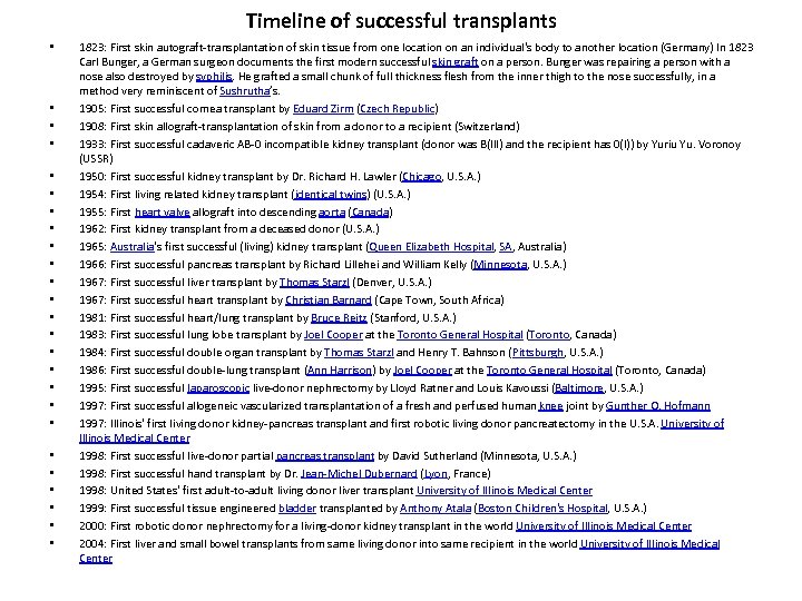 Timeline of successful transplants • • • • • • • 1823: First skin