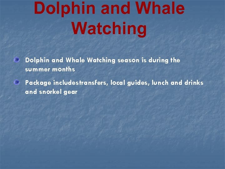 Dolphin and Whale Watching season is during the summer months Package includestransfers, local guides,