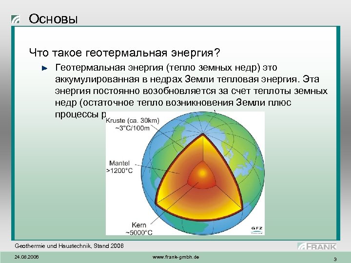 Основы Что такое геотермальная энергия? Геотермальная энергия (тепло земных недр) это аккумулированная в недрах