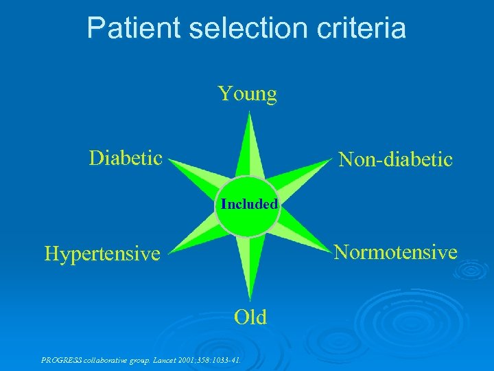 Patient selection criteria Young Diabetic Non-diabetic Included Normotensive Hypertensive Old PROGRESS collaborative group. Lancet