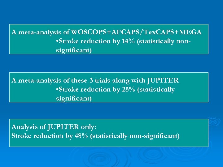 A meta-analysis of WOSCOPS+AFCAPS/Tex. CAPS+MEGA • Stroke reduction by 14% (statistically nonsignificant) A meta-analysis