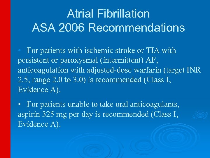 Atrial Fibrillation ASA 2006 Recommendations • For patients with ischemic stroke or TIA with