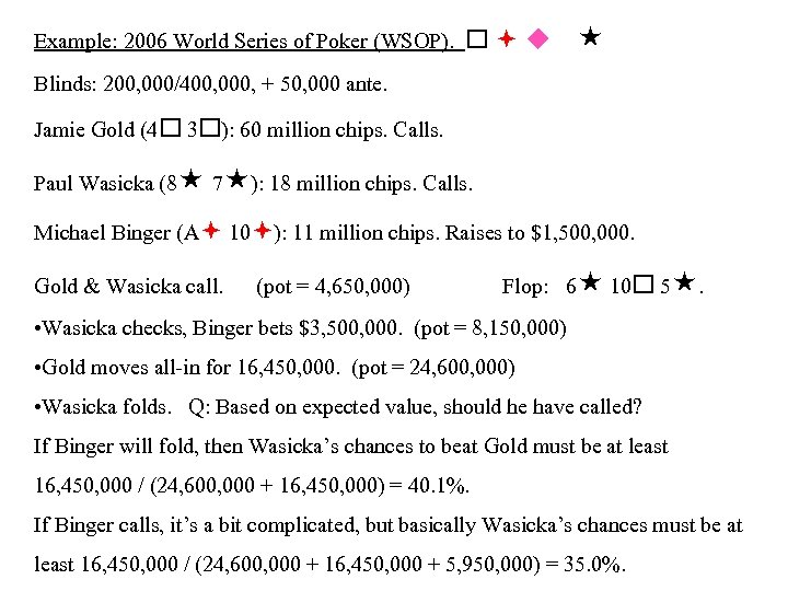 Example: 2006 World Series of Poker (WSOP). u Blinds: 200, 000/400, 000, + 50,