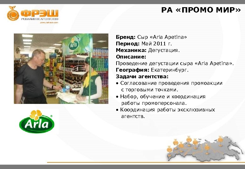 РА «ПРОМО МИР» Бренд: Сыр «Arla Apetina» Период: Май 2011 г. Механика: Дегустация. Описание: