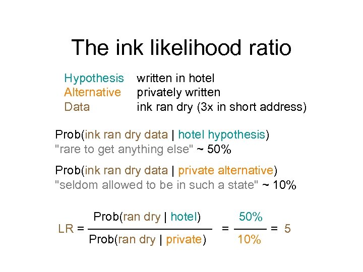 The ink likelihood ratio Hypothesis Alternative Data written in hotel privately written ink ran